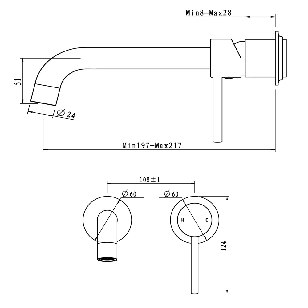 LUCID PIN Series Brushed Copper Spout Mixer Trim Kit Only With Separate 60mm Cover Plate (match CLPS)