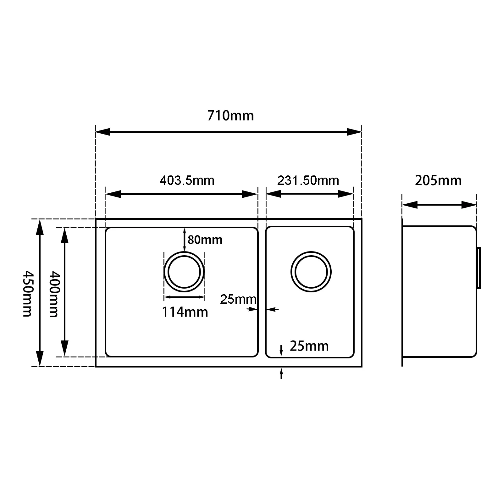 Aquaperla Round Corner Handmade 1 and 1/2 Bowl Kitchen Sink 710 x 450 x 205mm
