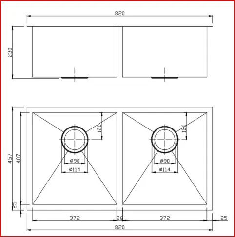 Aquaperla Round Corner Handmade Double Bowl Kitchen Sink 820x457x230mm
