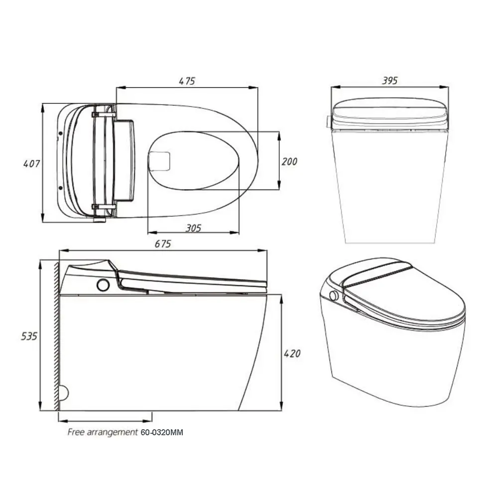 675*395*495mm White Free Arrangement Instant Heating Smart Toilet
