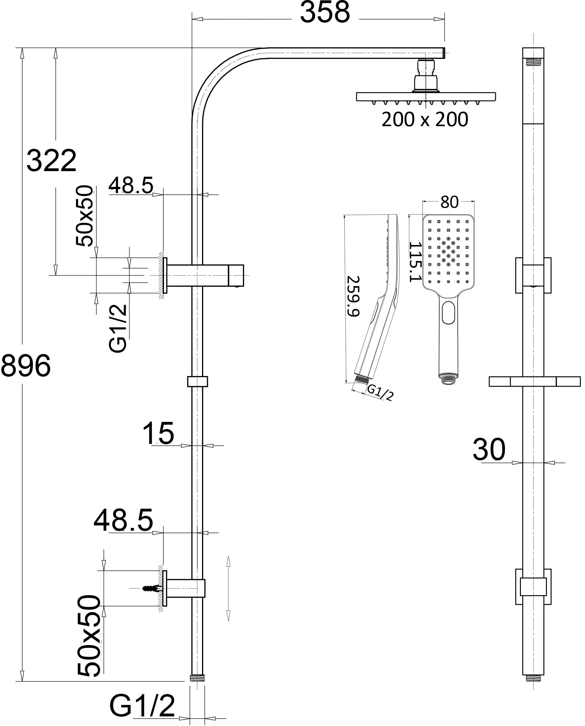 Eden Shower Set Multifunction 200mm - Brushed Gold