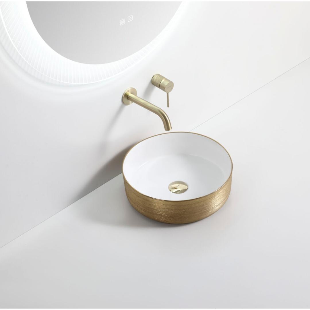 Riva 3018 Round Brushed Glod & Gloss White Ceramic Above Counter Basin