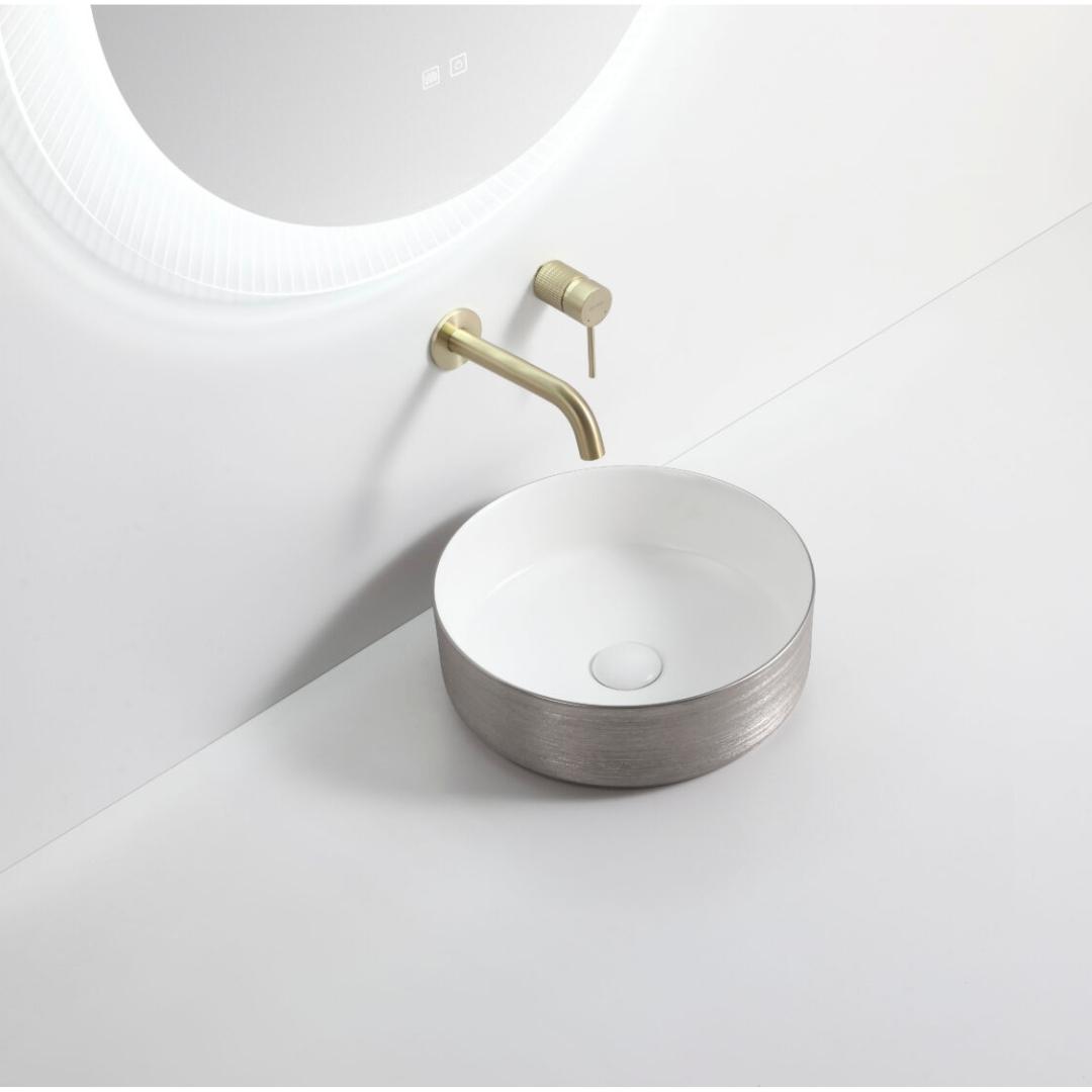 Riva 3018 Round Brushed Silver & Gloss White Ceramic Above Counter Basin