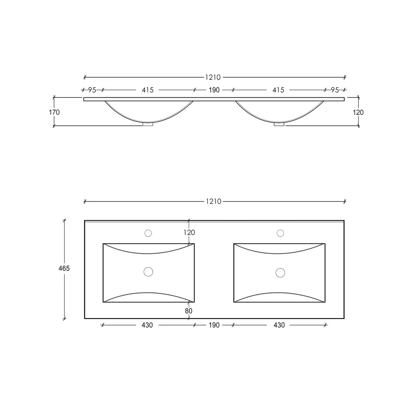Inspire Slim Line Ceramic Top 1200x460x170 Double Bowl with Taphole & Overflow