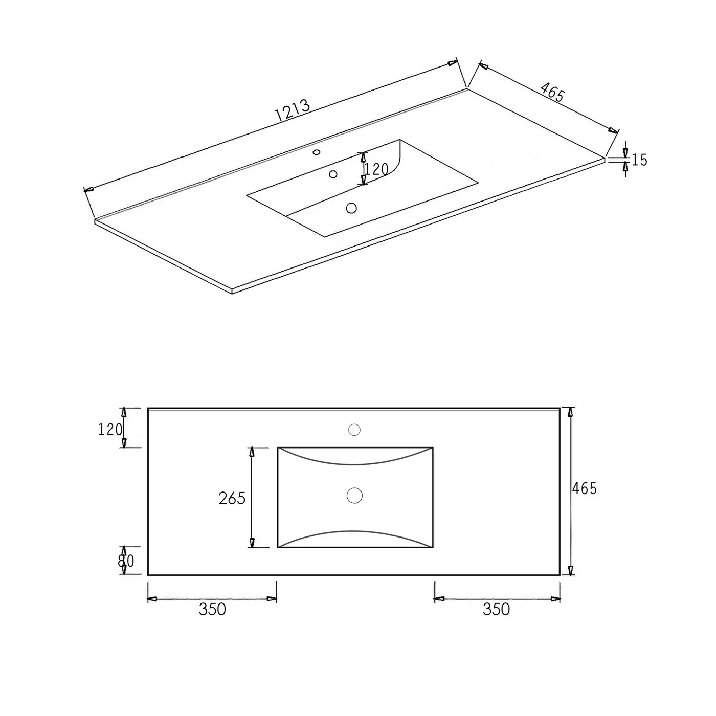 Inspire Slim Line Ceramic Top 1200x460x170 with Taphole & Overflow