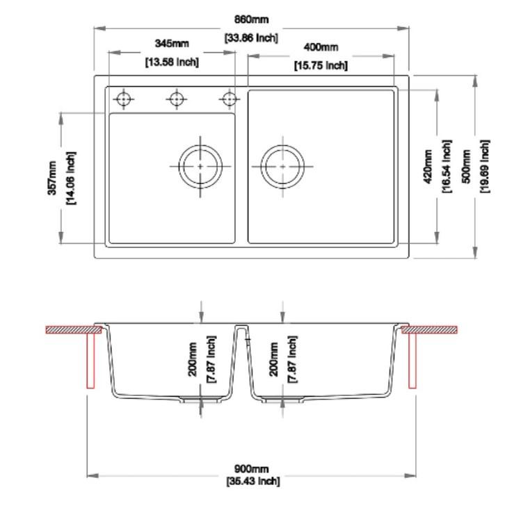 Carysil Vivaldi N-200 Granite 1 and 3/4 Bowl Stone Kitchen Sink 860 x 500 x 200mm