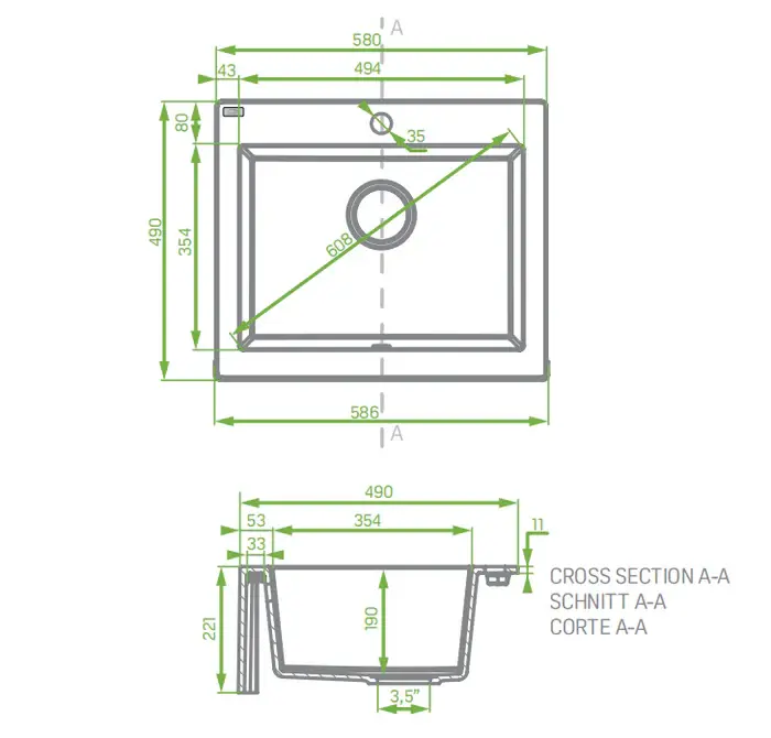 Laveo Komodo Granite Single Bowl Stone Kitchen Sink 490 x 580 x 220mm (Including Space Saving Siphon and Click-Clack Plug)
