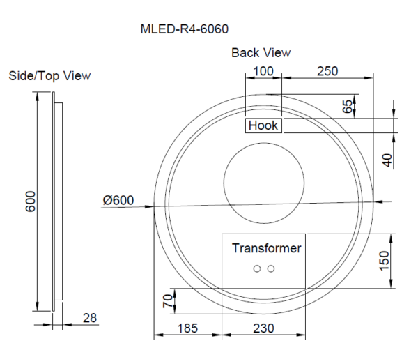 Riva R4 Three Color Lights Backlit Round LED Mirror, with Defogging Function, Easy Hook - MLED-R4-6060 600x600mm