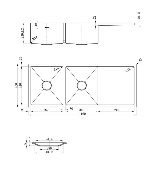 Zue Sink 116D 1160x460x220