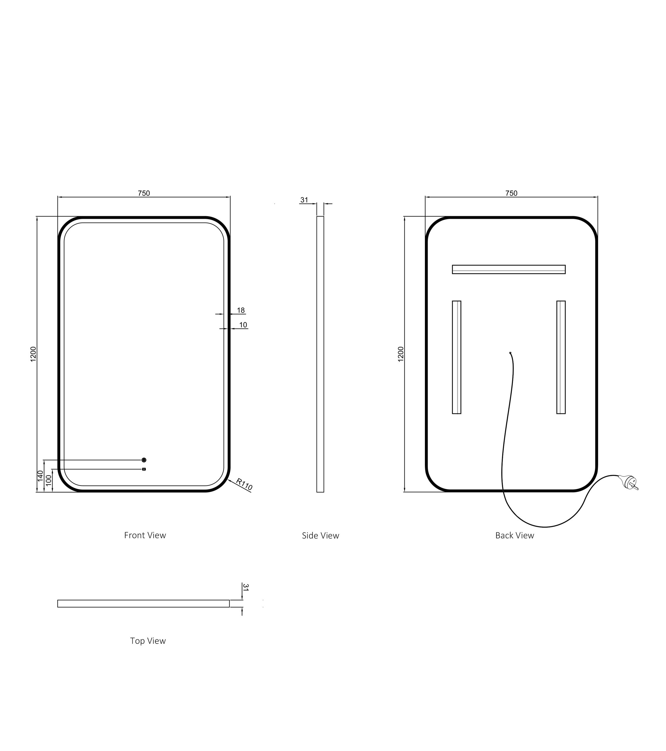 OTTI LED Newport 1200(W)x750(H) Frameless Tuffi Mirror - Install Horizontal or Vertical