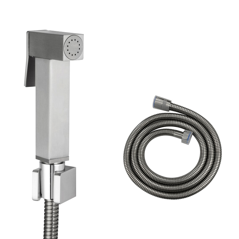 Square Brushed Nickel Brass Toilet Bidet Spray Kit with Stainless Steel Hose