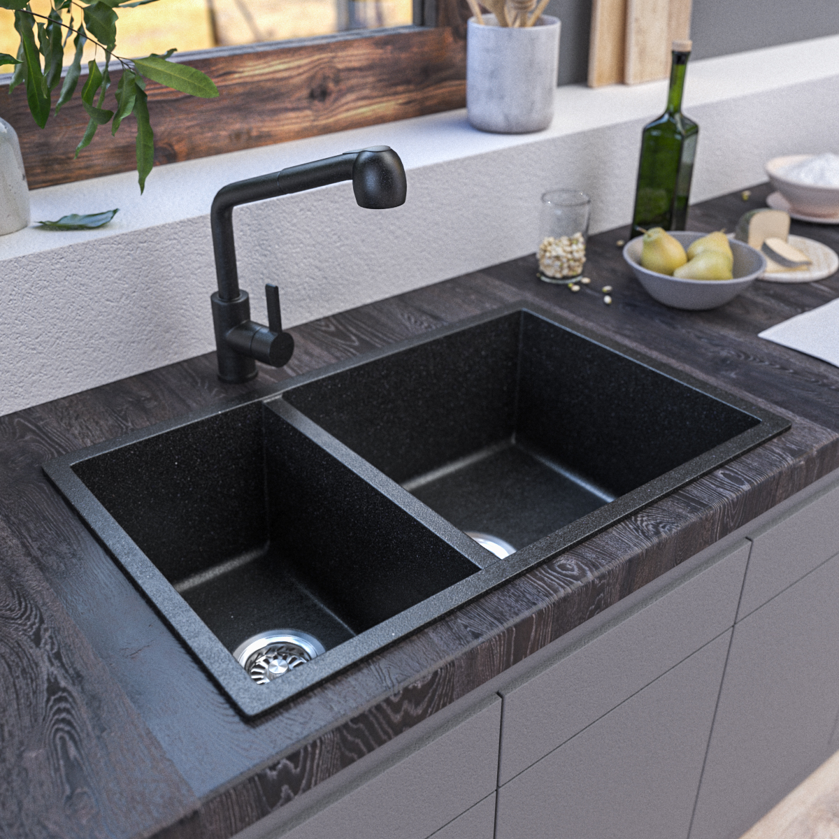 7145 Black Granite Sink – 1 & ½ Bowl | Scratch & Stain Resistant