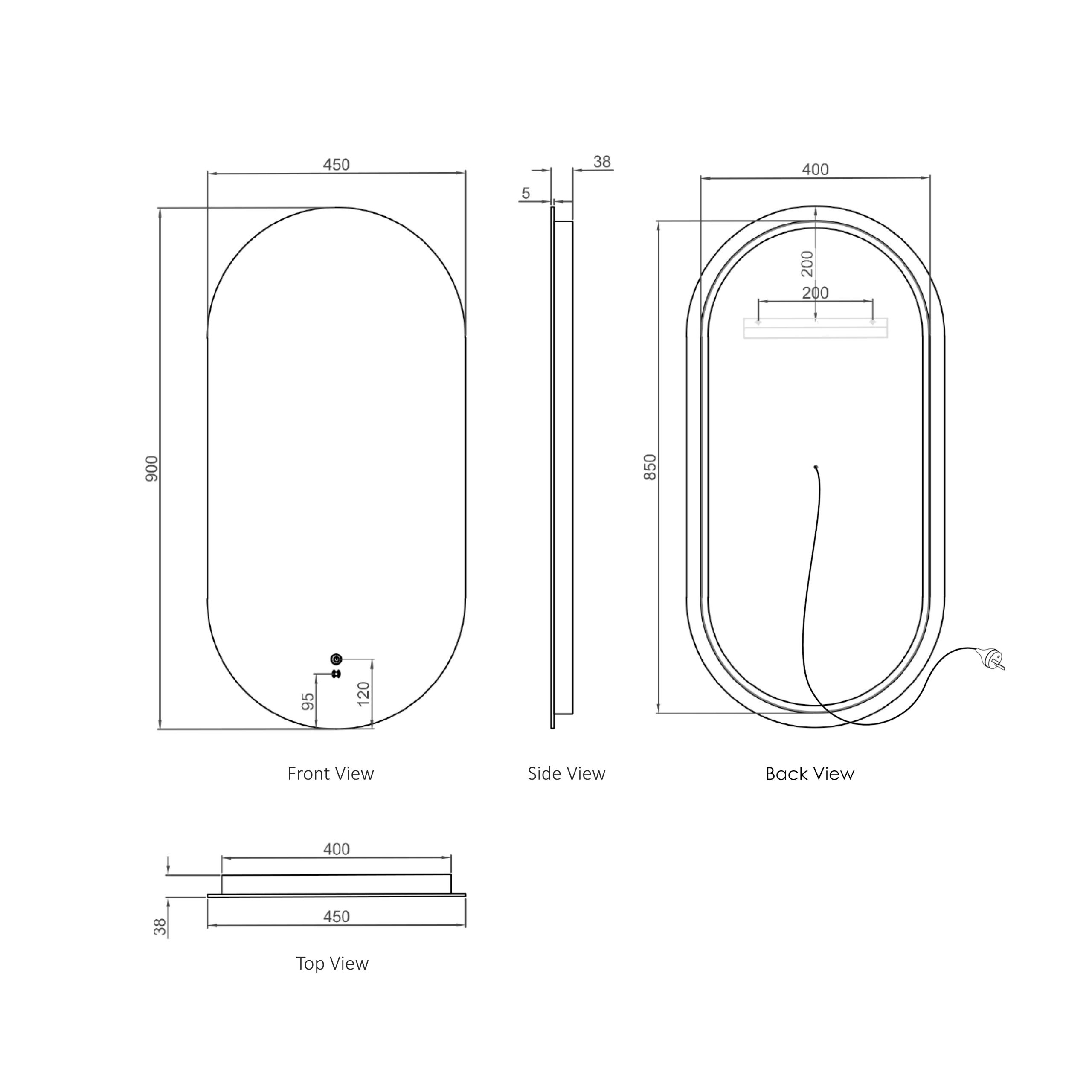 OTTI LED Noosa 900(H)x450(W) Frameless Tuffi Mirror