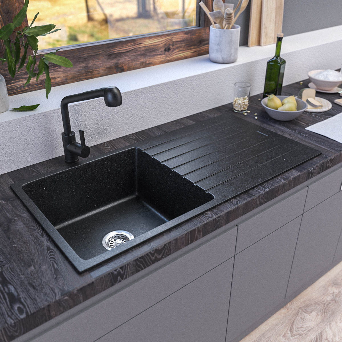 1000x500 Black Single Bowl Granite Sink with Drainer – Scratch & Stain Resistant