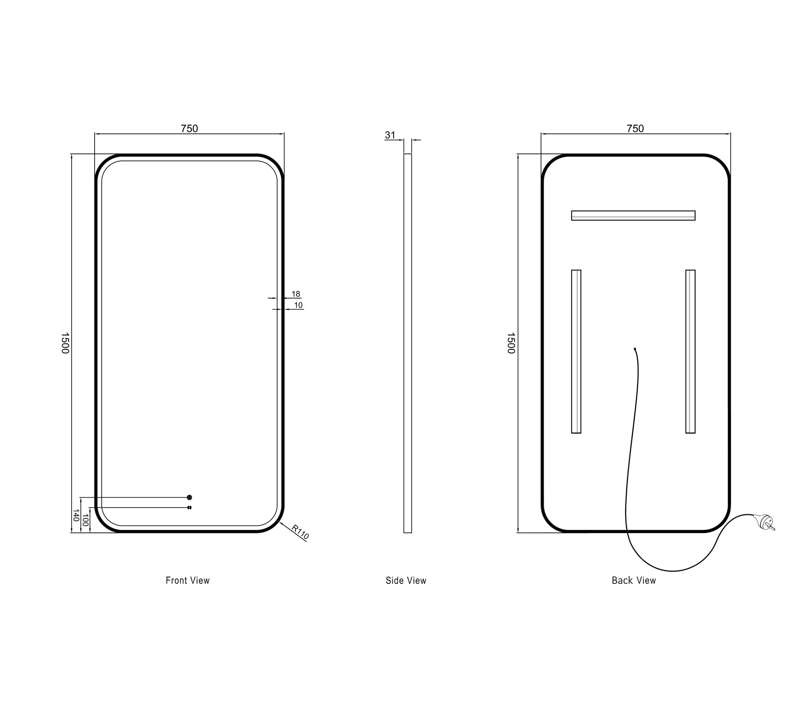 OTTI LED Newport 1500(W)x750(H) White Metal Frame Mirror- Install Horizontal or Vertical