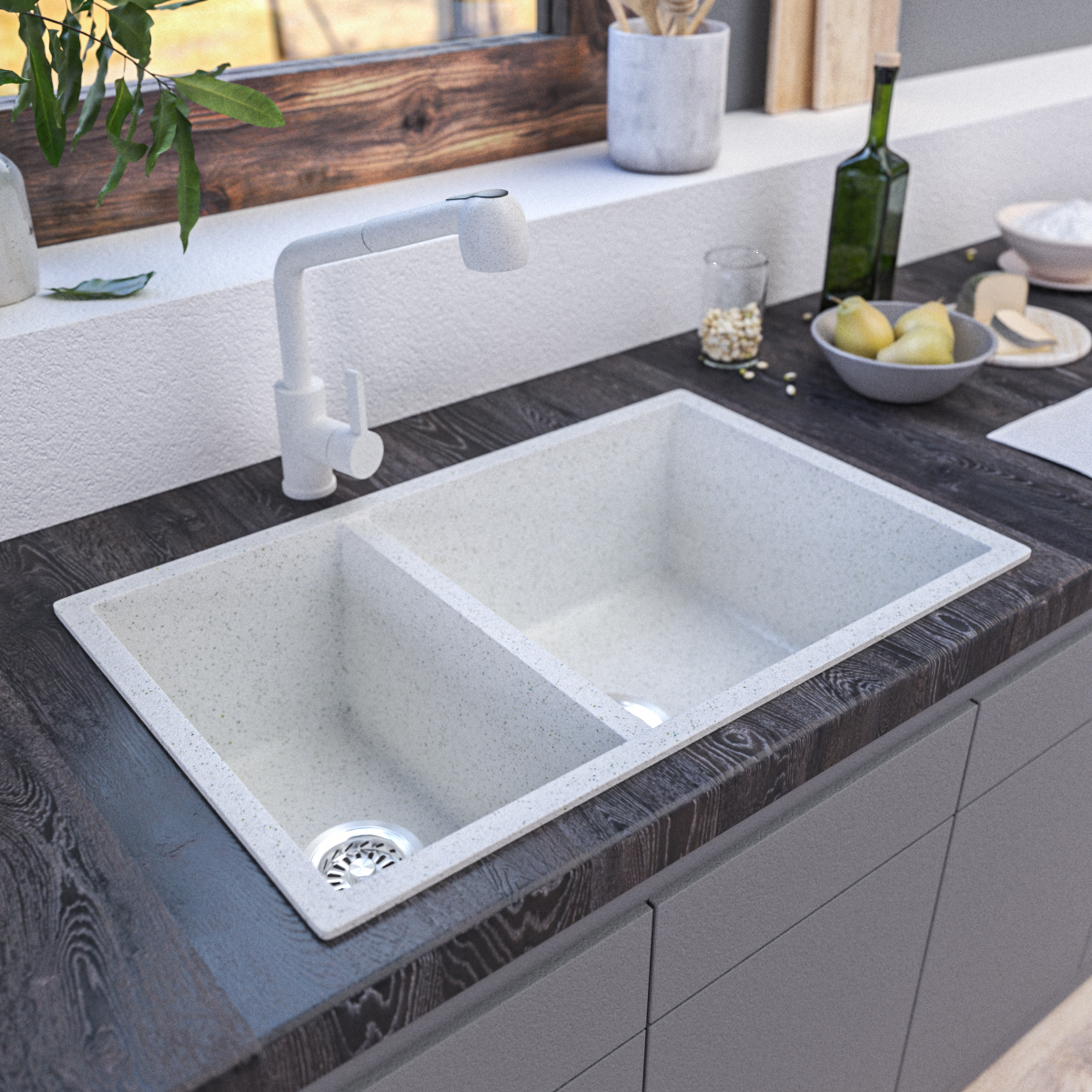 7145 White Granite Sink – 1 & ½ Bowl | Scratch & Stain Resistant