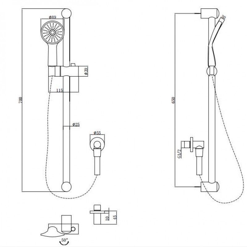 Round Chrome Shower Rail Sliding Holder with Soap Dish Water Hose & Wall Connector Only(Stainless Steel Hose)