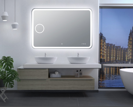 1500×800 mm Curved Rim Rectangle 3-Color Frontlit LED Mirror with Magnifier & Defogger