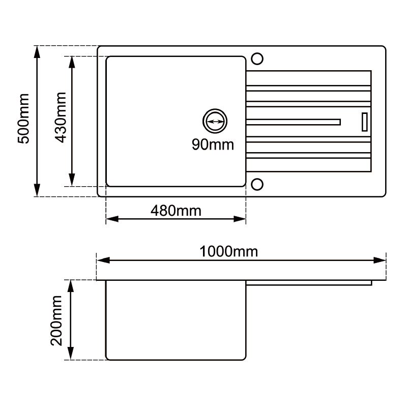 Black Arete Stone Granite Single Bowl with Drain Board (1000×500×200 mm)