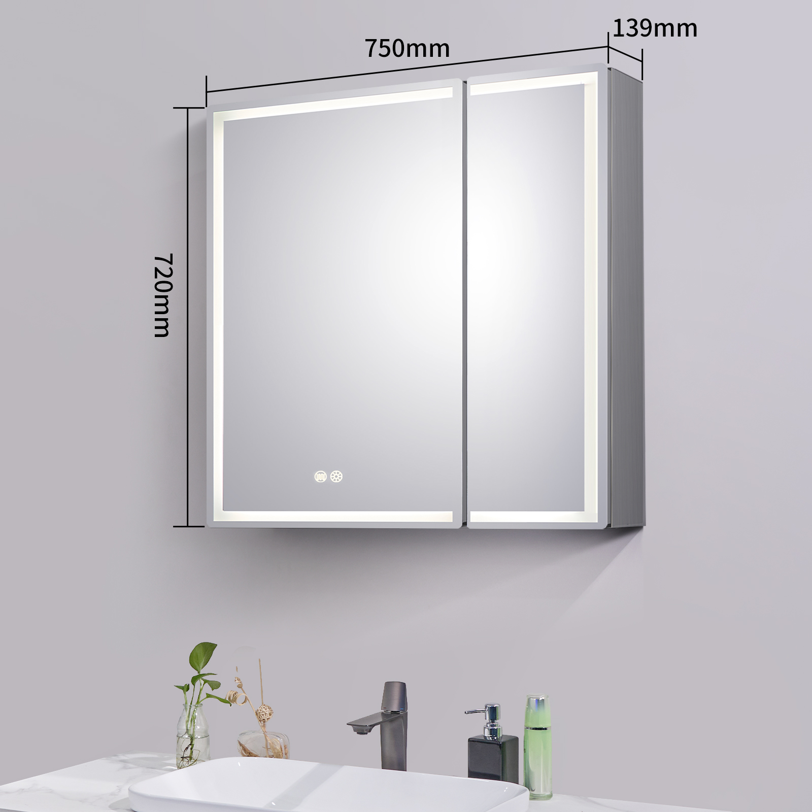 750*720*139mm Silver Brushed Rectangular LED Mirror Shaving Cabinet(Double Doors,Anti-Fogging)
