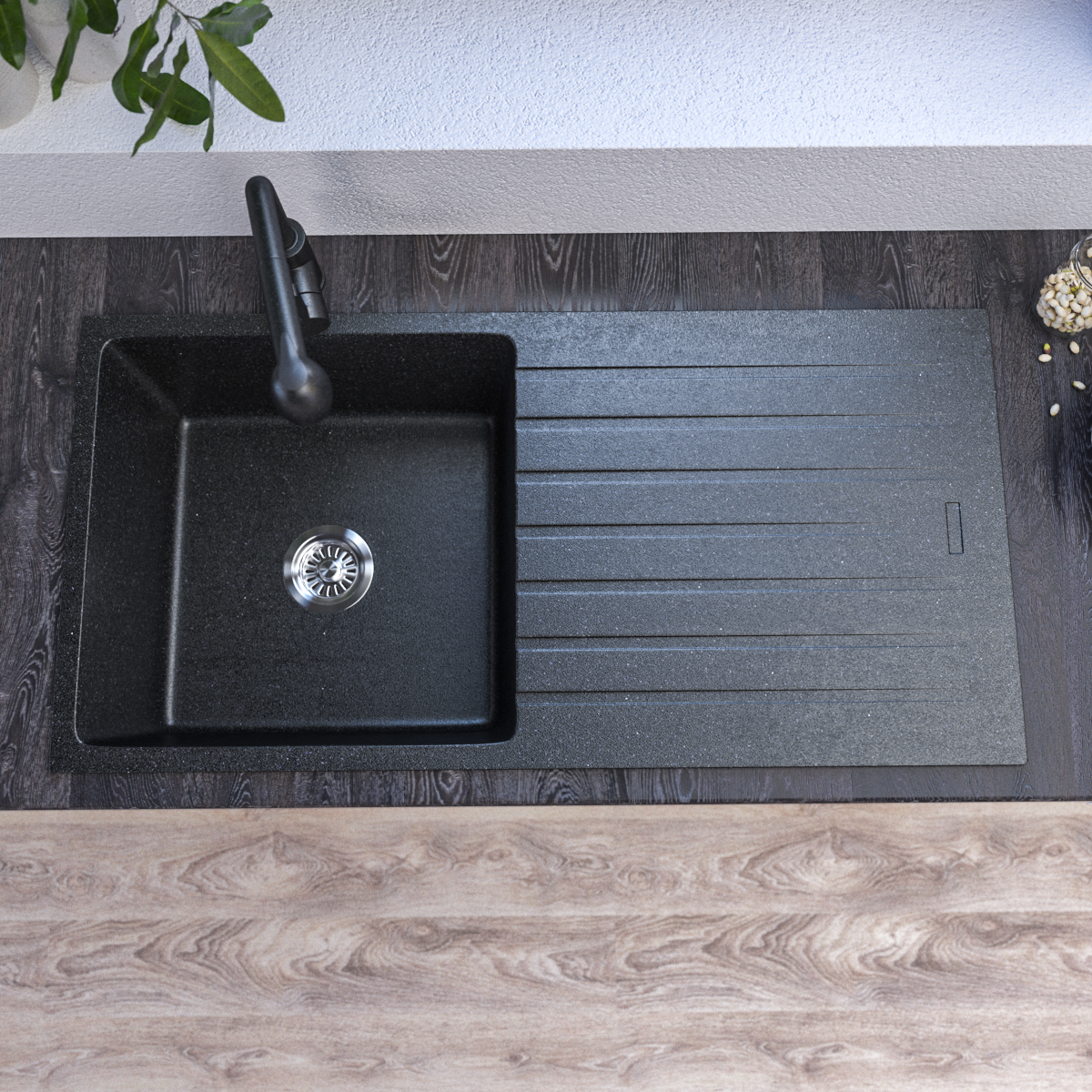 1000x500 Black Single Bowl Granite Sink with Drainer – Scratch & Stain Resistant