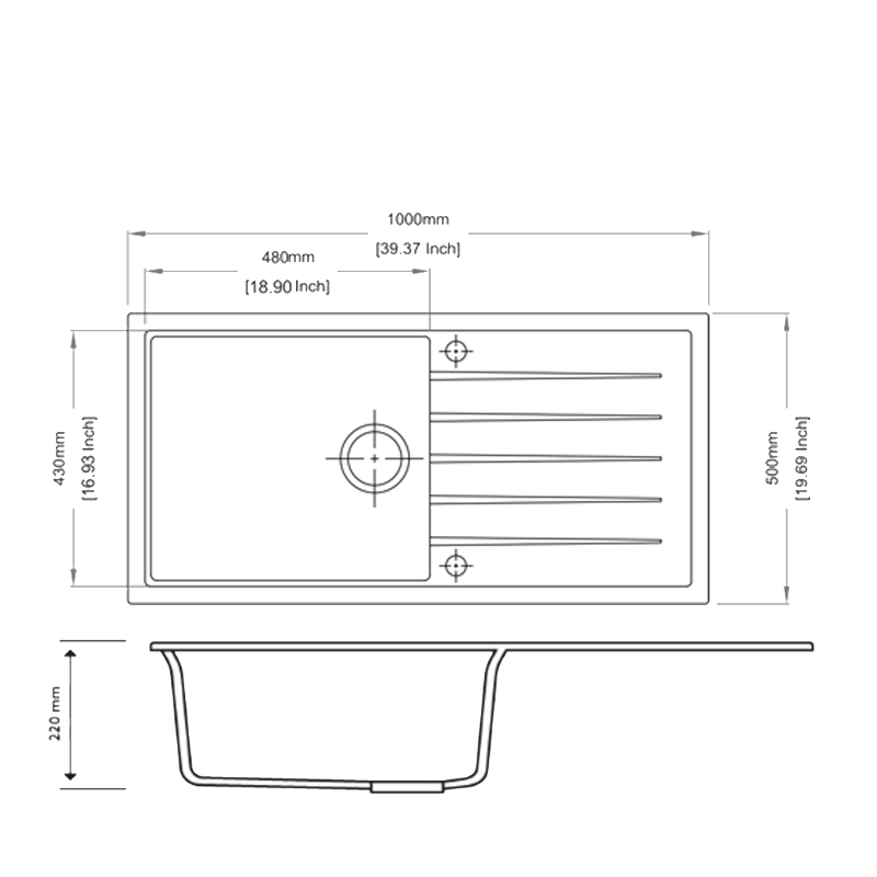 Black Carysil Vivaldi D-100L Granite Single Bowl with Drain Board Stone Kitchen Sink 1000*500mm