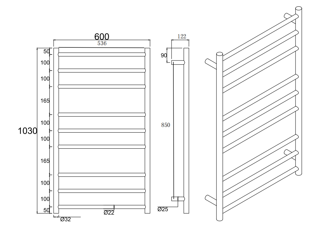 Round Black Electric Heated Towel Rack 9 Bars