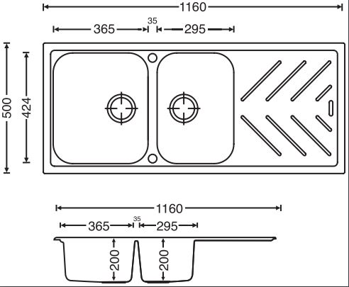 Black Carysil New Beethoven D200 Granite 1 and 3/4 Bowl with Drain Board Stone Kitchen Sink 1160*500mm
