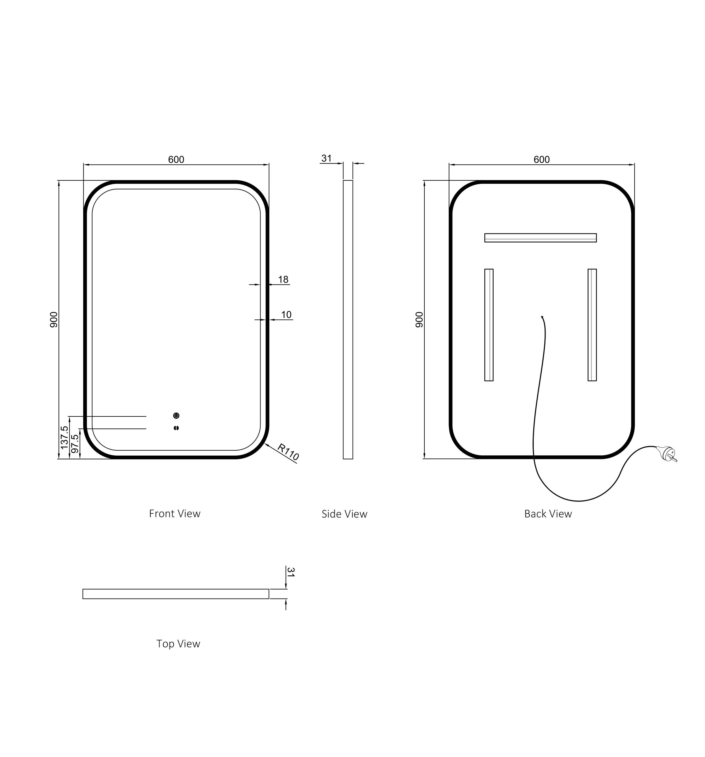 OTTI LED Newport 900(H)x600(W) Gold Metal Frame Tuffi Mirror- Install Horizontal or Vertical