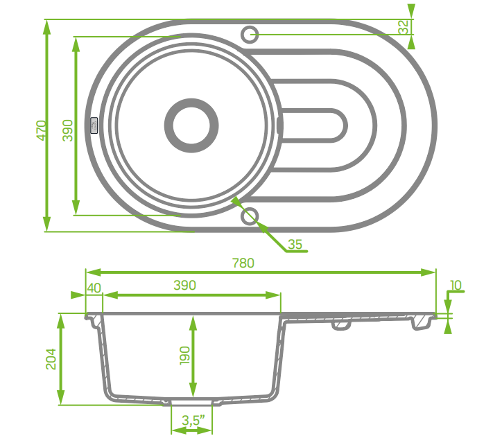Laveo Dafne Grey Granite Single Bowl with Drain Board Stone Kitchen Sink 470780204mm(including Space Saving Siphon and Click-clack Plug)