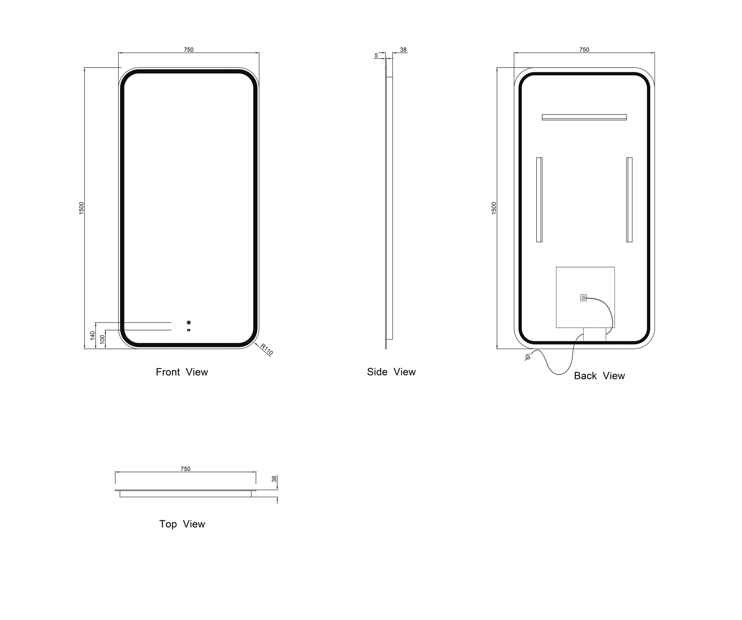 OTTI LED Newport 1500(W)x750(H) Frameless Mirror - Install Horizontal or Vertical
