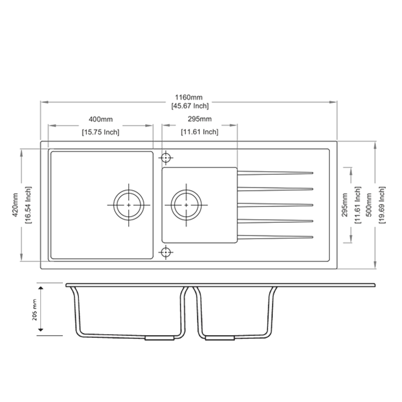 Concrete Grey Carysil Vivaldi D-200 Granite 1 and 1/2 Bowl with Drain Board Stone Kitchen Sink 1160*500mm