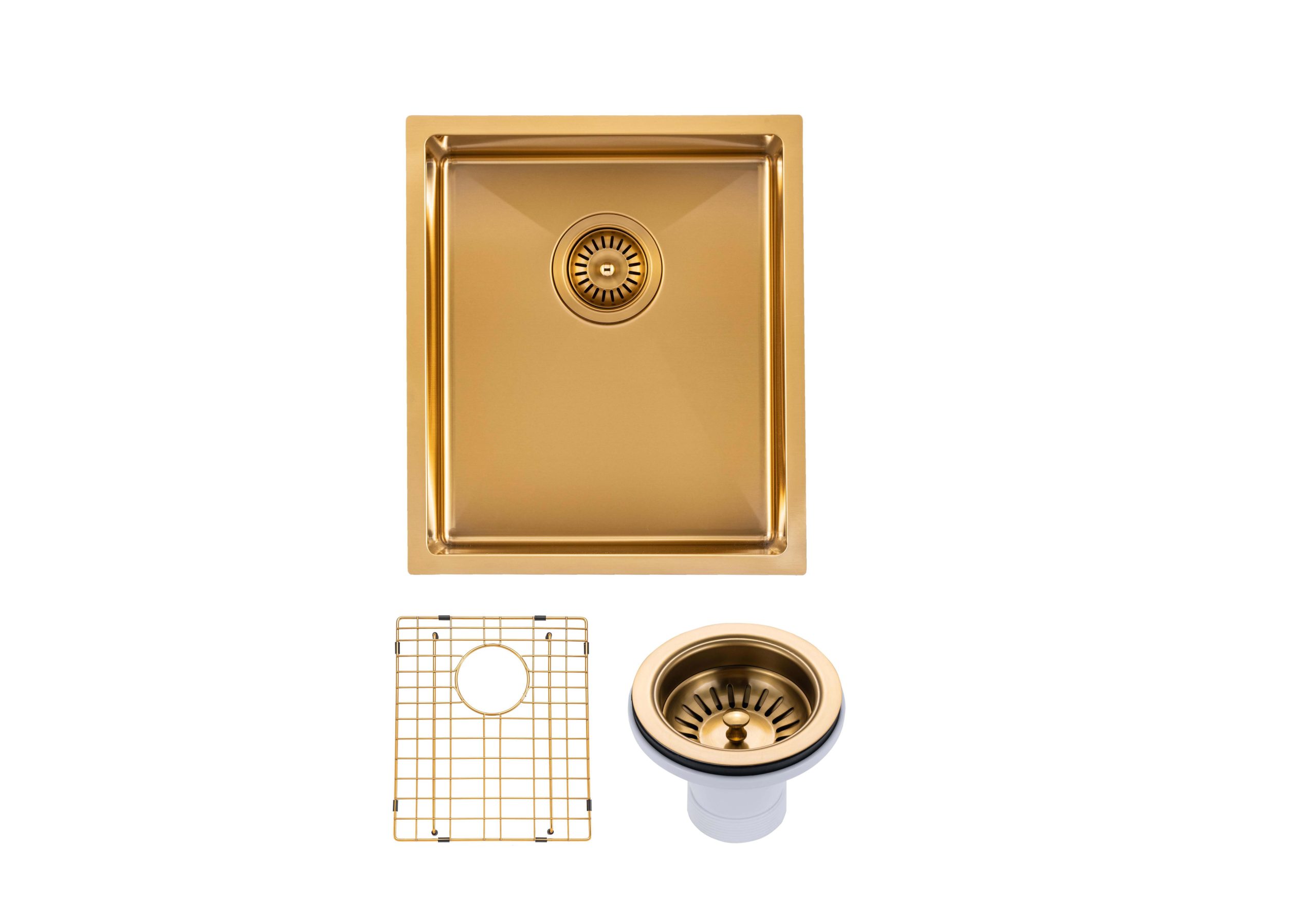 (C-390 Gold)Round Corner Stainless Steel Brushed Brass PVD Coating Single Bowl Kitchen Sink(with Bottom Tray) 390*450*215mm