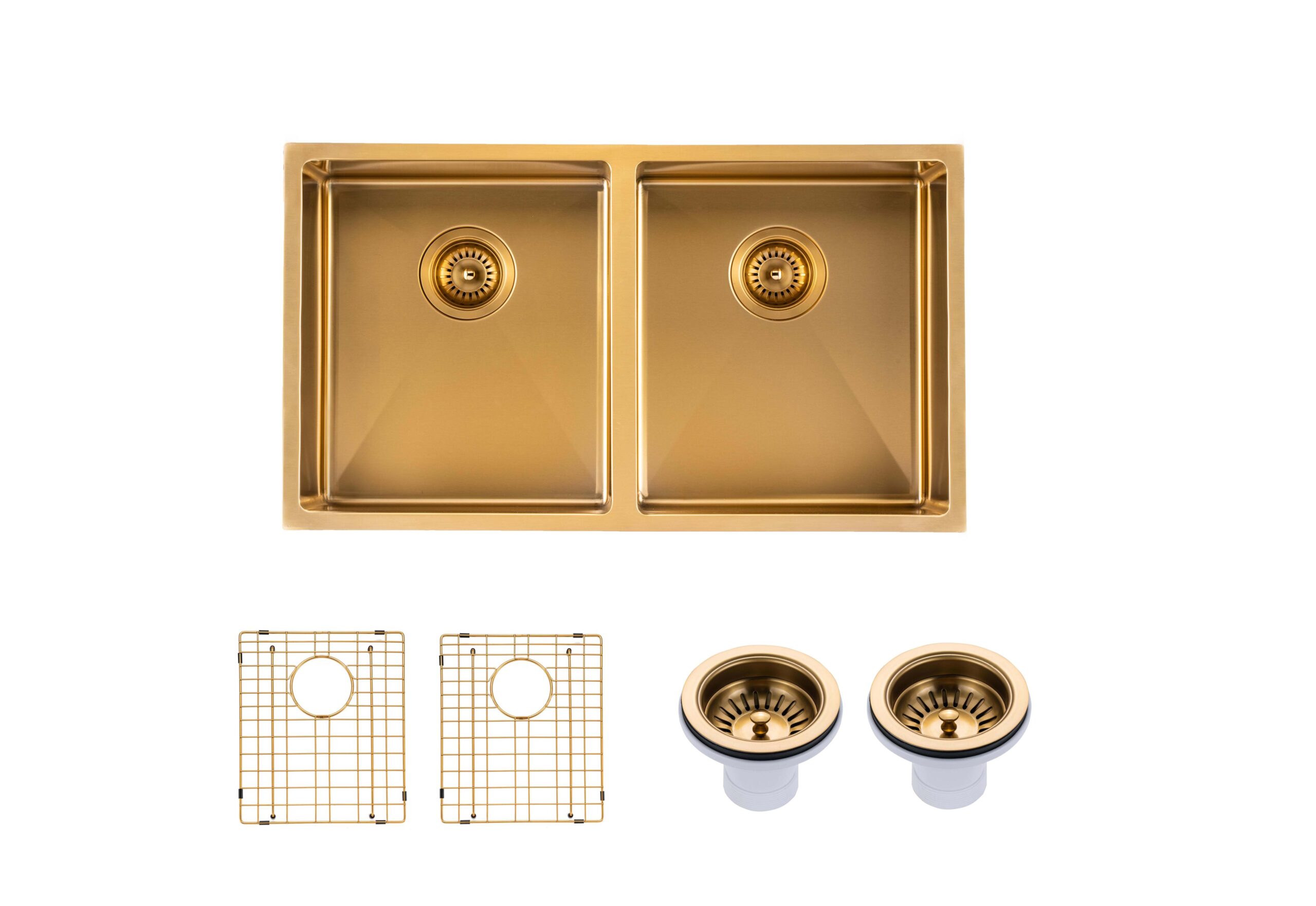 (C-820 Gold)Round Corner Stainless Steel Brushed Brass PVD Coating Double Bowl Kitchen Sink(with Bottom Tray) 820*457*230mm