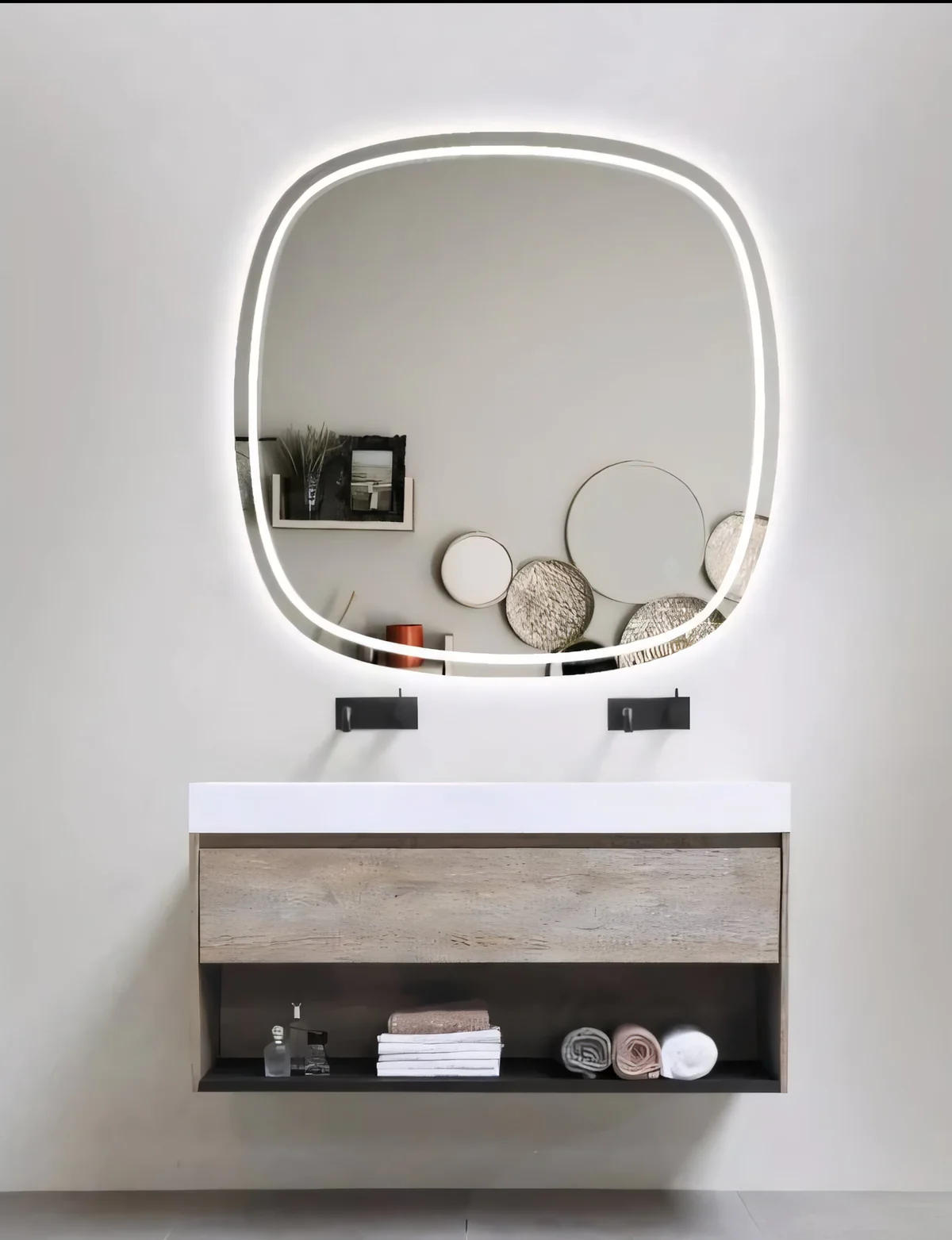 600*600mm Rounded Edge Acrylic Front & Backlit LED Mirror 3 Color Lighting Touch Sensor Switch Wall Mounted White Frame