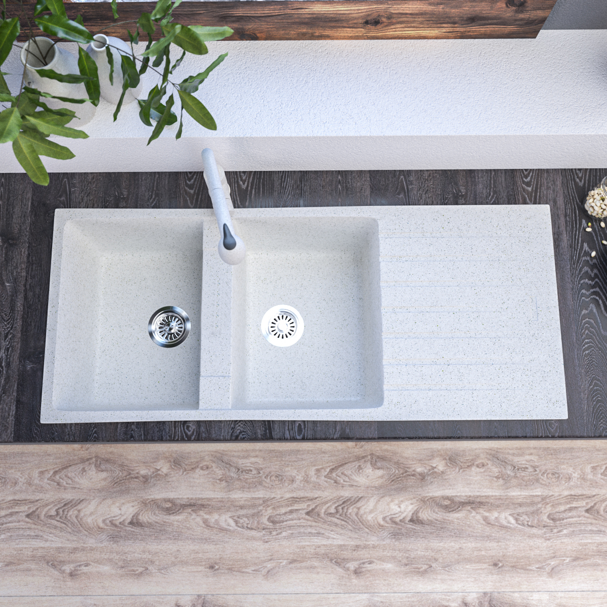 1160 x 500mm White Granite Sink with Drainer – Double Bowl | Scratch & Stain Resistant