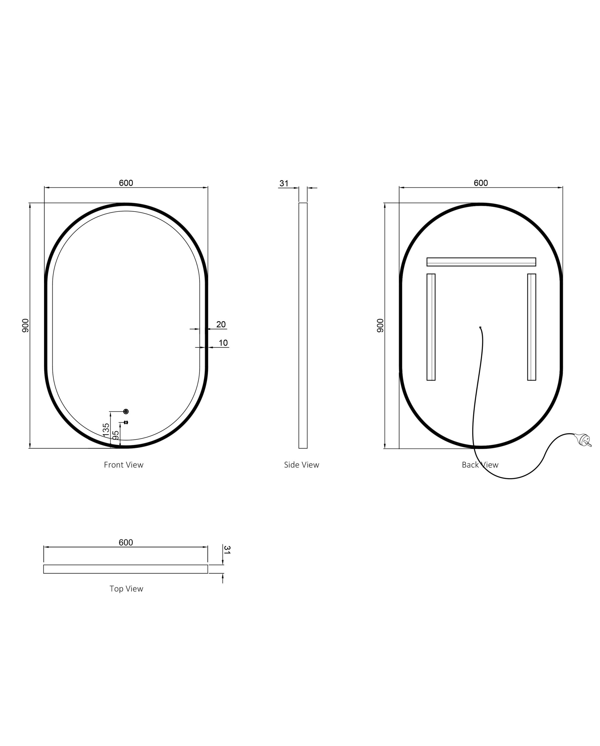 OTTI LED Noosa 900(H)x600(W) White Metal Frame Mirror- Install Horizontal or Vertical