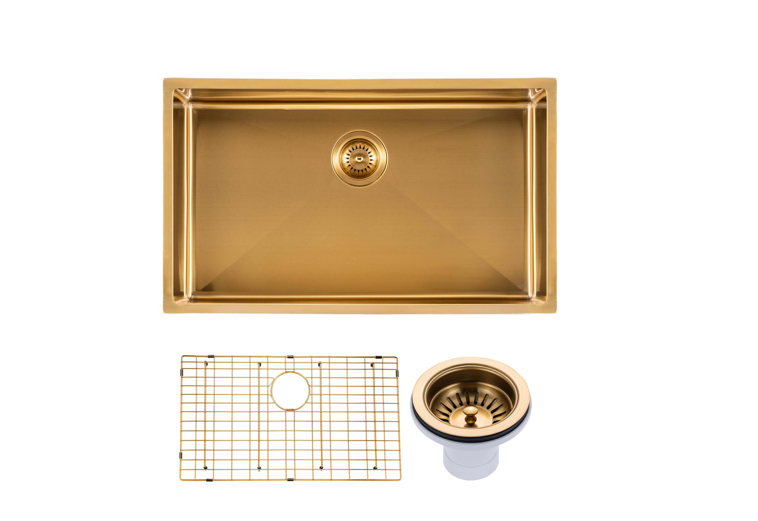 Aquaperla Round Corner Stainless Steel Brushed Brass Gold PVD Coating Single Bowl Kitchen Sink(with Bottom Tray) 762*457*254mm