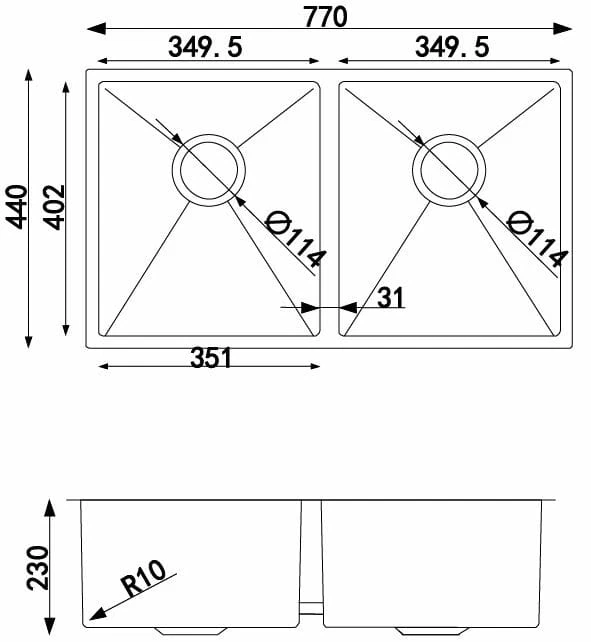 Round Corner Chrome Stainless Steel Handmade Double Bowl Kitchen Sink 770*440*230mm