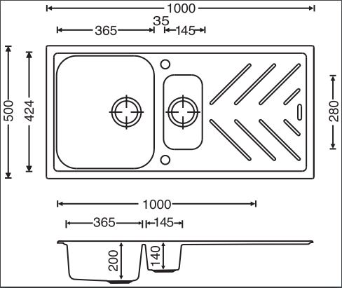 Black Carysil New Beethoven D150 Granite 1 and 1/4 Bowl with Drain Board Stone Kitchen Sink 1000*500mm