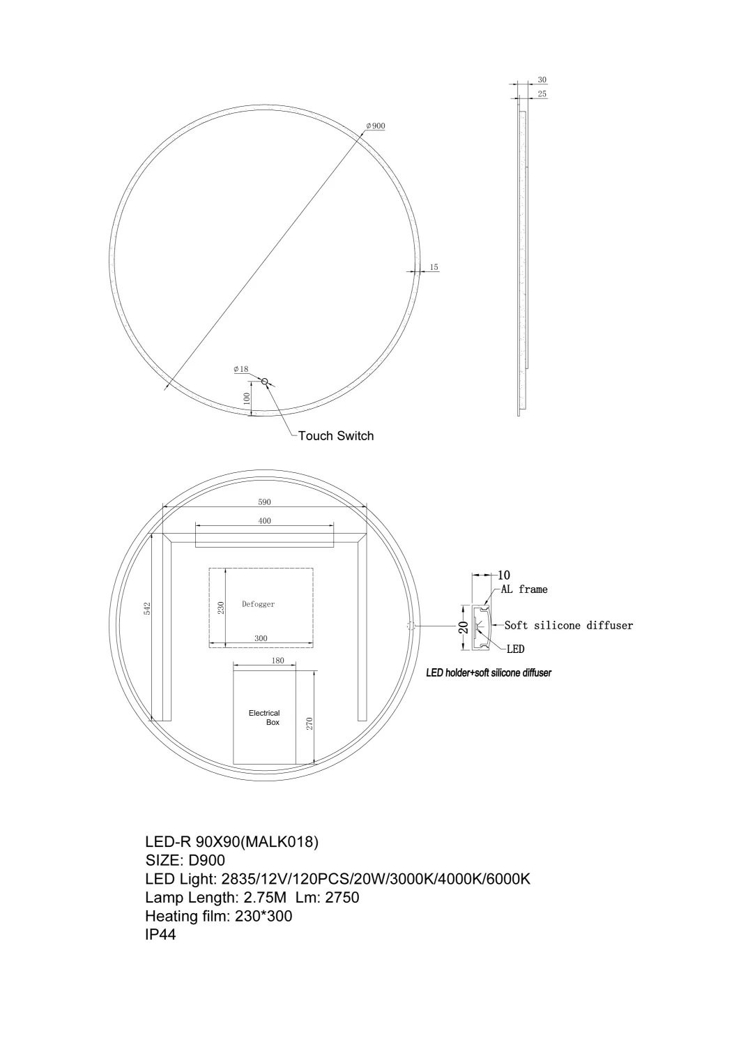 900mm Round 3 Color Lighting Backlit LED Mirror Touch Sensor Switch Defogger Pad Wall Mounted