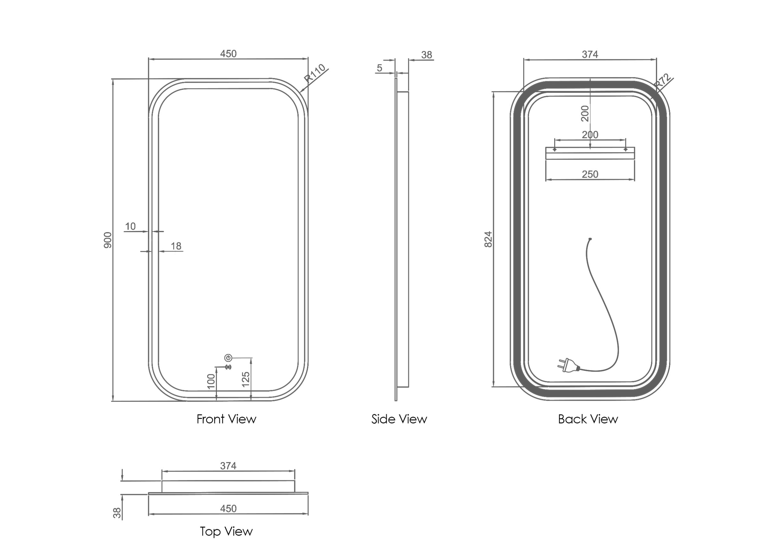 OTTI LED NEWPORT 900(H)X450(W) FRAMELESS TUFFI MIRROR SOFT SQUARE