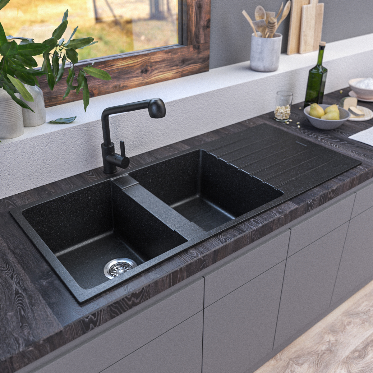 1160 x 500mm Black Granite Sink with Drainer – Double Bowl | Scratch & Stain Resistant