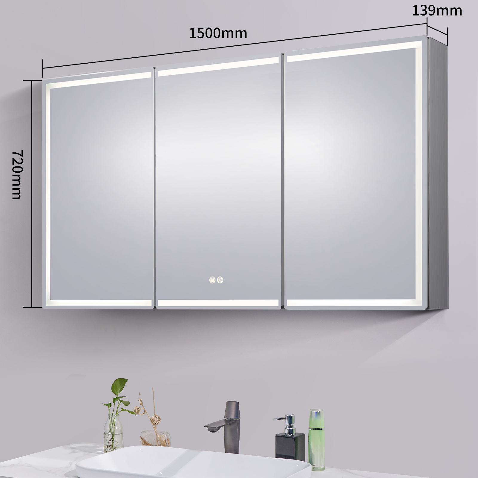 1500*720*139mm Silver Brushed Rectangular LED Mirror Shaving Cabinet(Three Doors,Anti-Fogging)