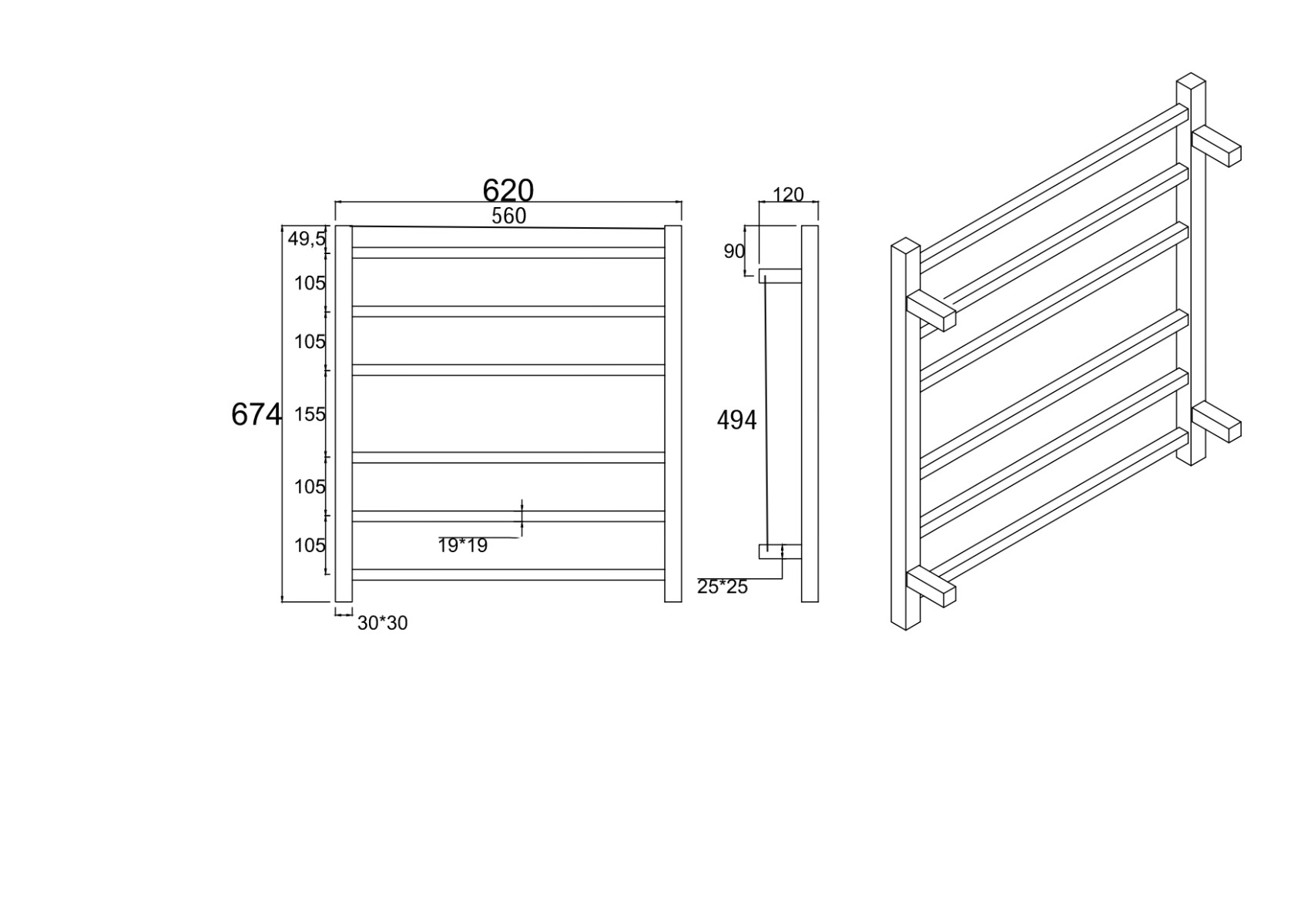 Square Brushed Gun Metal Grey Electric Heated Towel Rack – 6 Bars