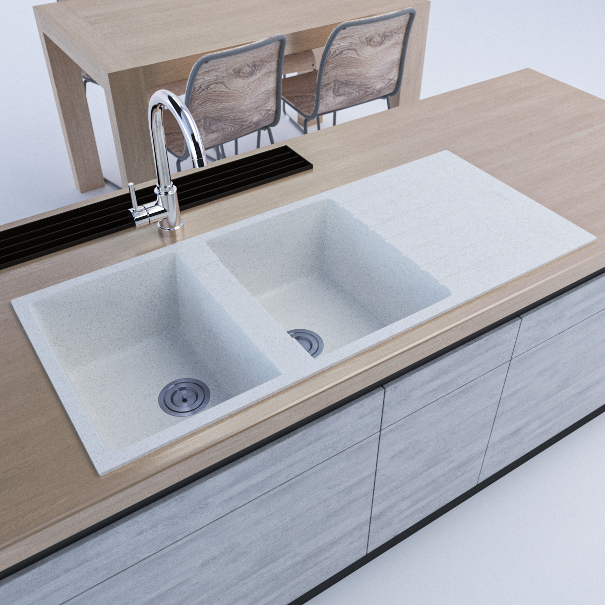 1160 x 500mm White Granite Sink with Drainer – Double Bowl | Scratch & Stain Resistant