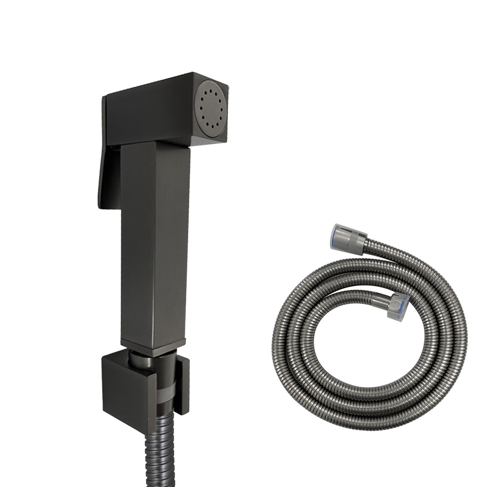 Square Gun Metal Grey Brass Toilet Bidet Spray Kit with Stainless Steel Hose