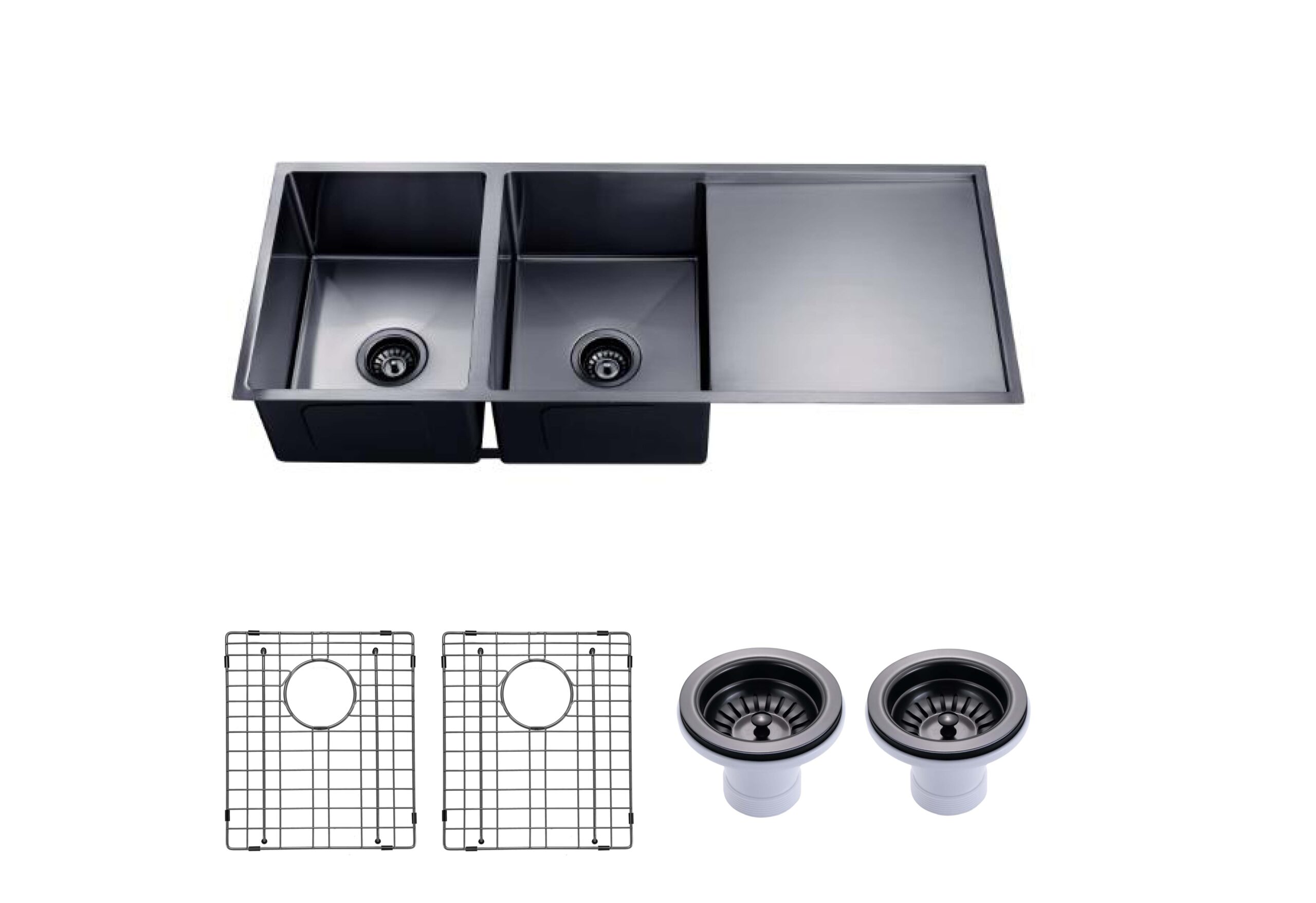 (C-960 Black)Round Corner Stainless Steel Gun Metal Grey PVD Coating Single Bowl with Drain Board Kitchen Sink(with Bottom Tray) 960*450*230mm
