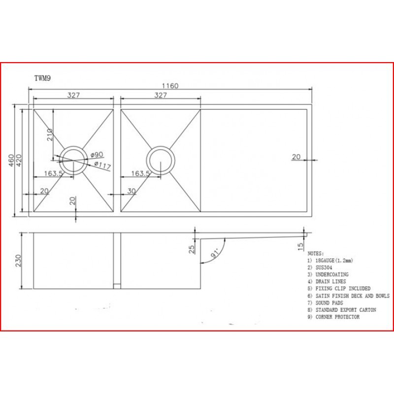 Aquaperla Round Corner Stainless Steel Gun Metal Grey PVD Coating Double Bowl with Drain Board Kitchen Sink(with Bottom Tray) 1160*460*230mm