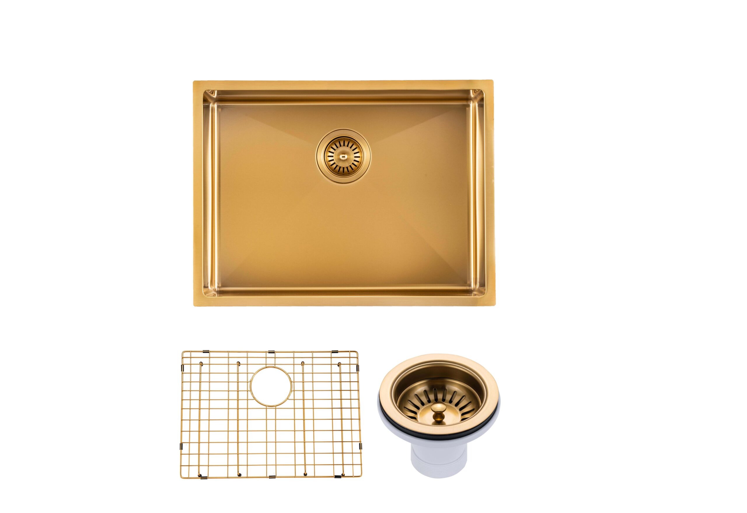 (C-600D Gold)Round Corner Stainless Steel Brushed Brass PVD Coating Single Bowl Kitchen Sink(with Bottom Tray) 600*450*300mm